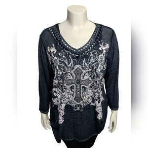 Women's Plus 18/20 Embellished Religious Cross Weaved Neck Tunic Jesus Bling top